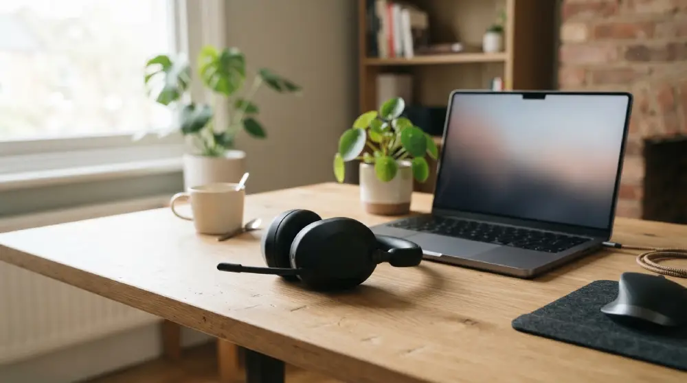 Black VoIP headset with a boom microphone on a tidy desk beside a laptop
