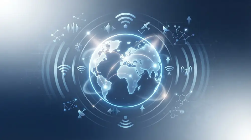 Illustration of a glowing globe with connection lines representing international VoIP calling across countries