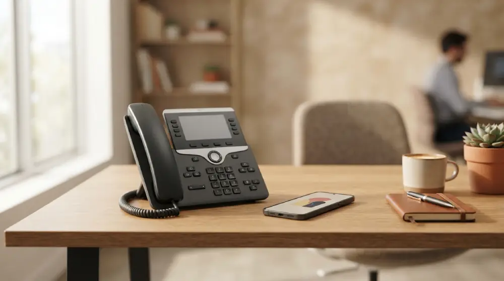 Modern office desk with a phone representing toll free business communication