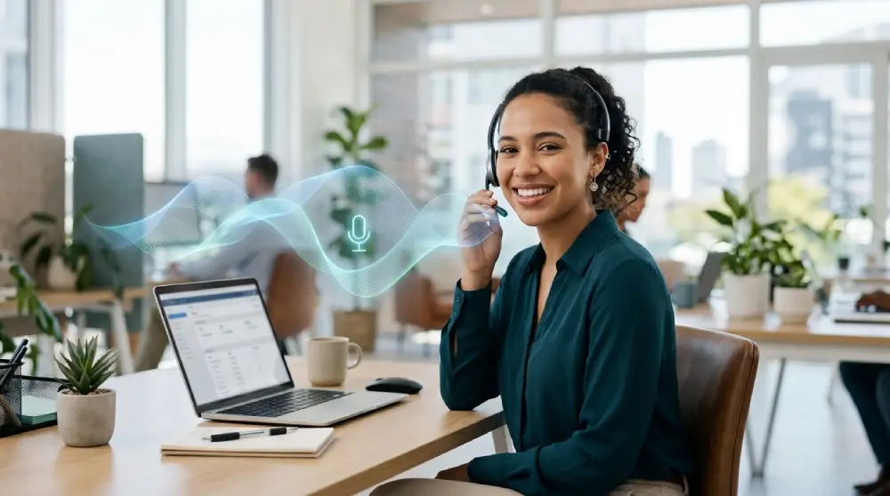 Customer support agent wearing a headset with glowing sound waves representing call recording in a modern office