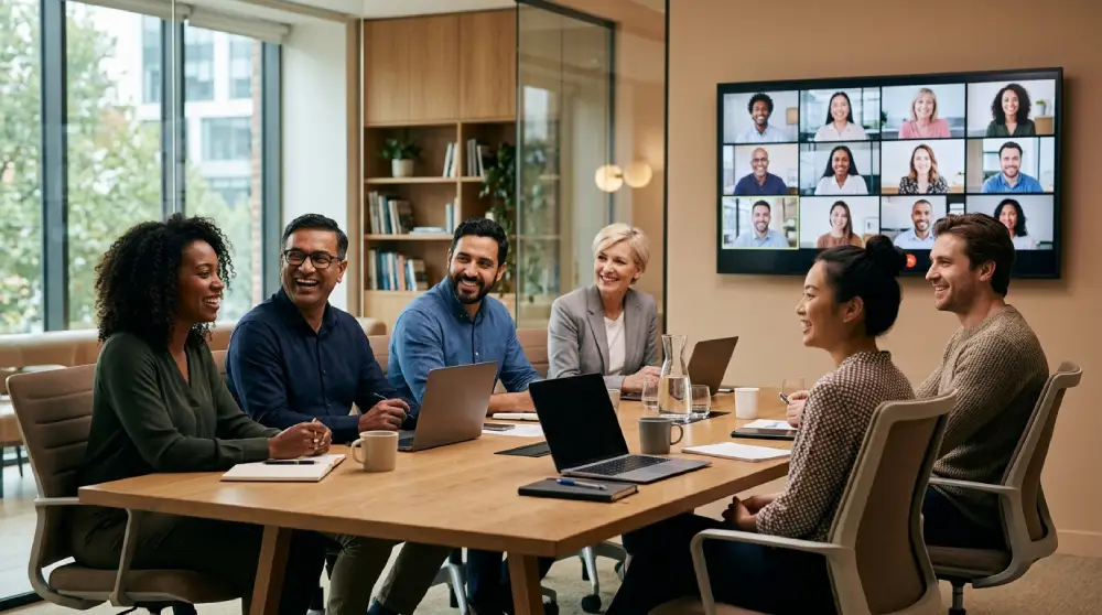Team having a VoIP conference call meeting in a modern office with a video screen