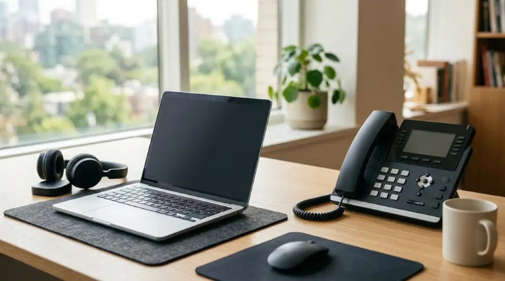 Laptop with a wireless headset beside a desk phone on a modern office desk
