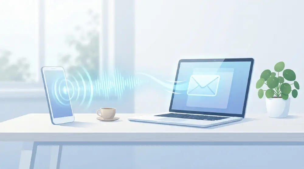 Illustration of a smartphone sending a voicemail sound wave as an envelope to a laptop, representing voicemail to email