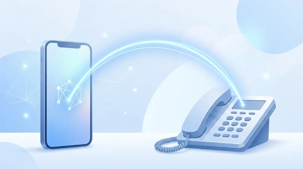Illustration showing a phone number transferring from a traditional phone to a VoIP smartphone system