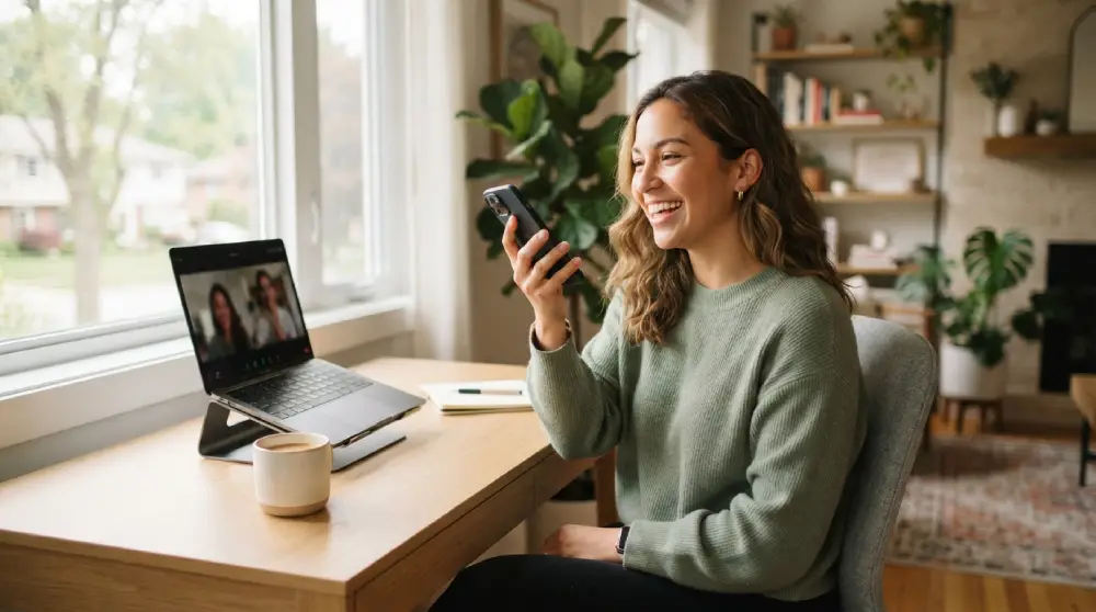 Person using a VoIP mobile app to make a call on a smartphone in a home office