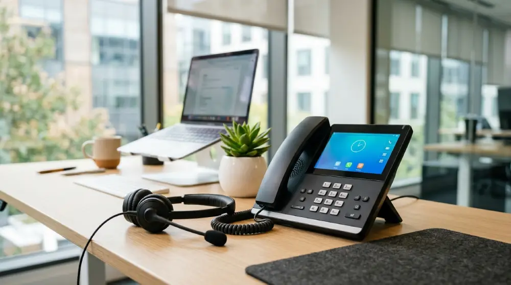 Modern IP desk phone with a color touchscreen and headset on a clean office desk