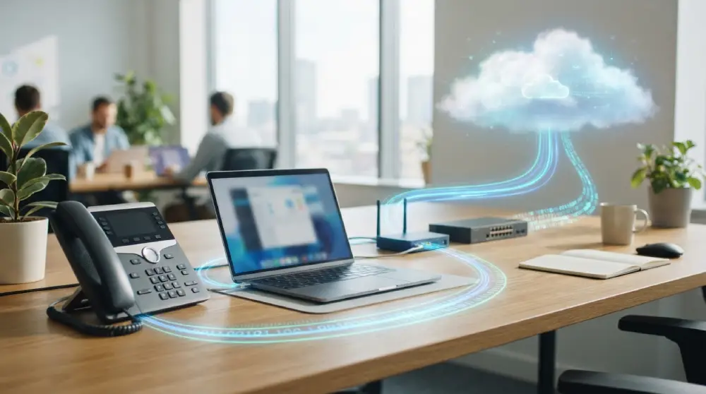 Office desk phone connected to a router and network switch with glowing data streams representing VoIP network requirements