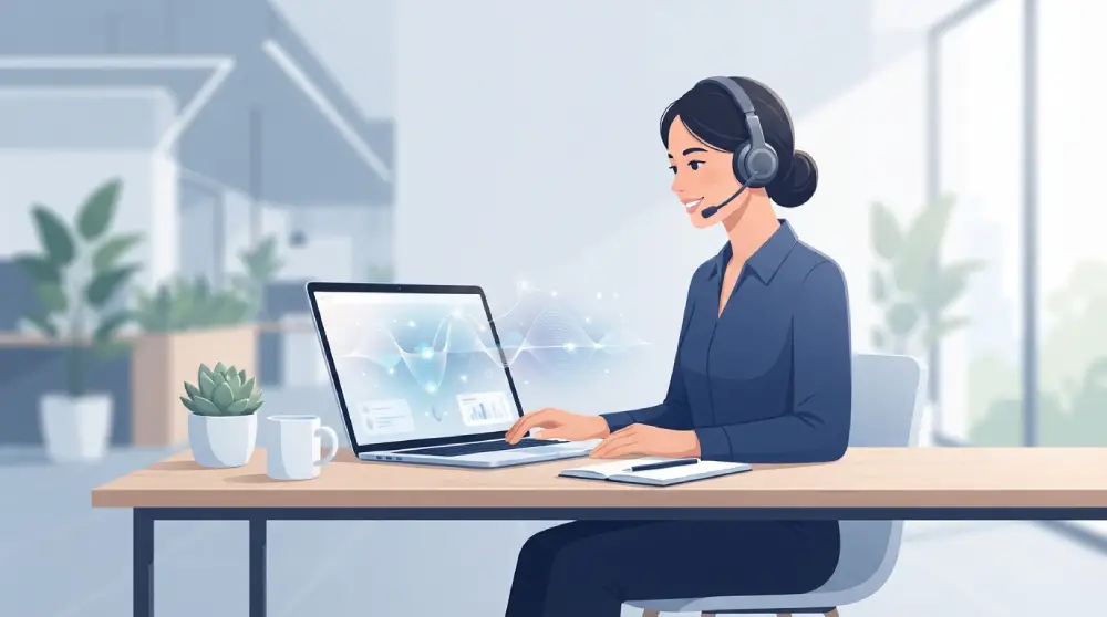 Illustration of a professional analyzing phone call data using a laptop with sound wave visuals