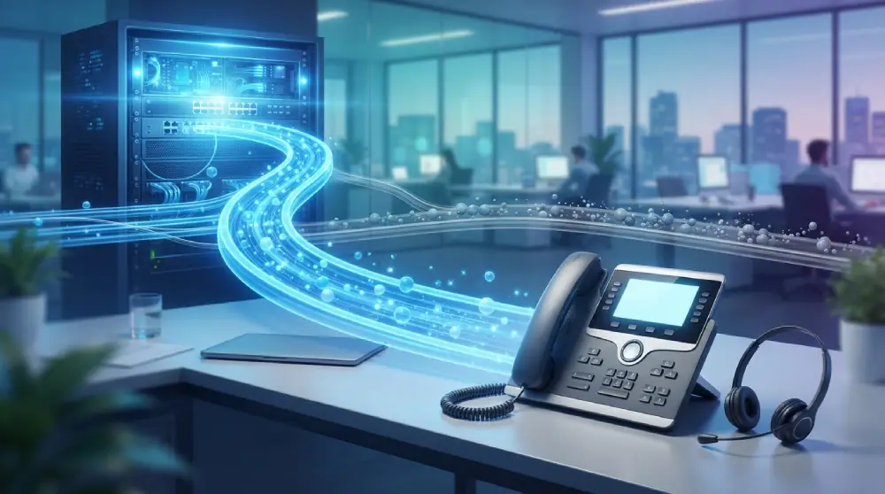 Voice data packets moving through a priority lane on a business network to an IP desk phone, illustrating QoS for VoIP