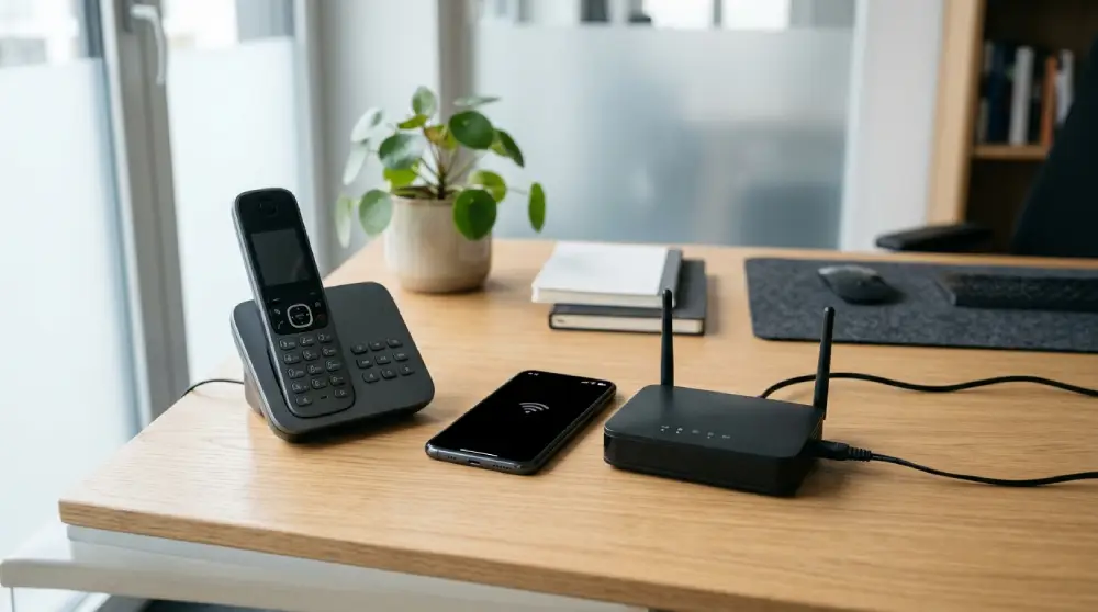 Cordless DECT phone and smartphone representing wireless phone systems on an office desk