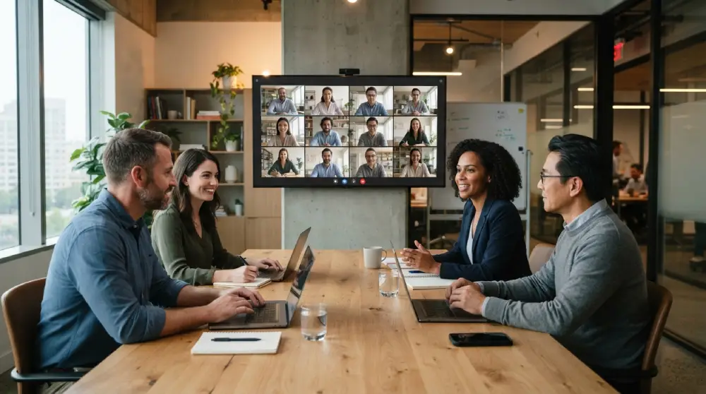 Team using a video conferencing solution for a virtual business meeting