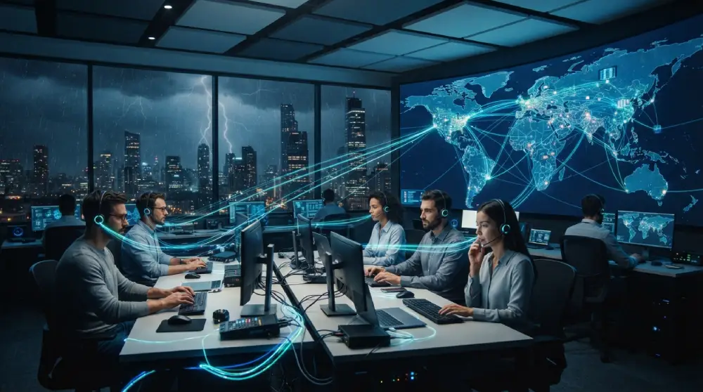 Business team using a resilient cloud phone system in a control room while a storm passes outside