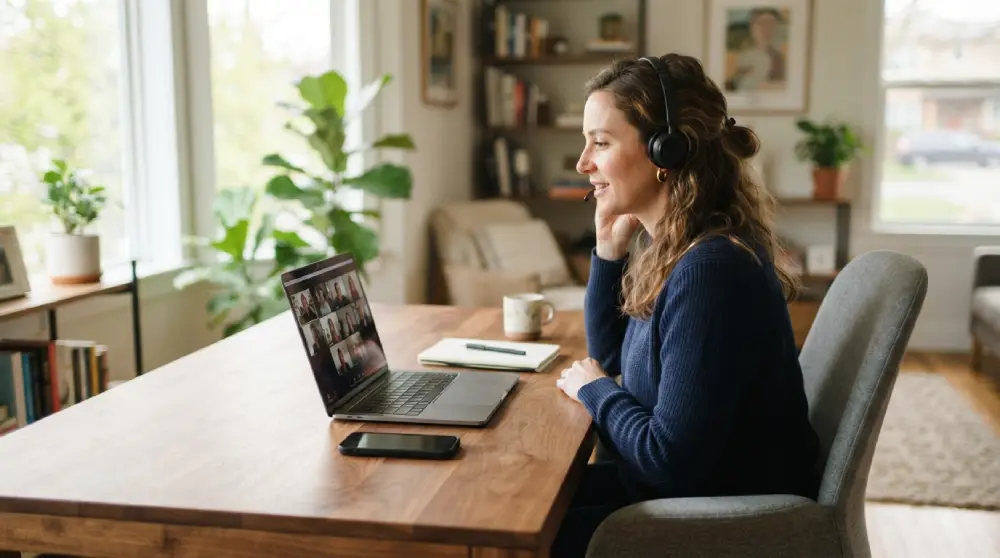Remote worker wearing a headset and taking a business call on a laptop at a bright home office desk