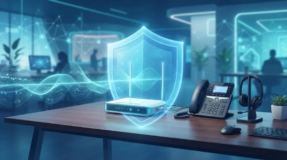 Blue security shield protecting a router while voice call signals pass safely to a business phone and headset