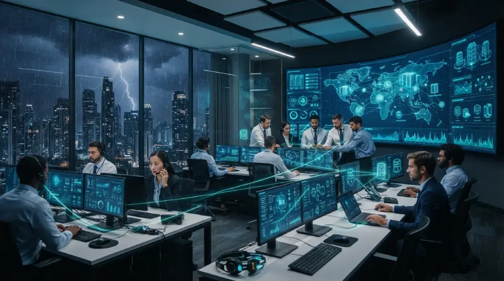 Business team using a resilient cloud phone system in a control room while a storm passes outside